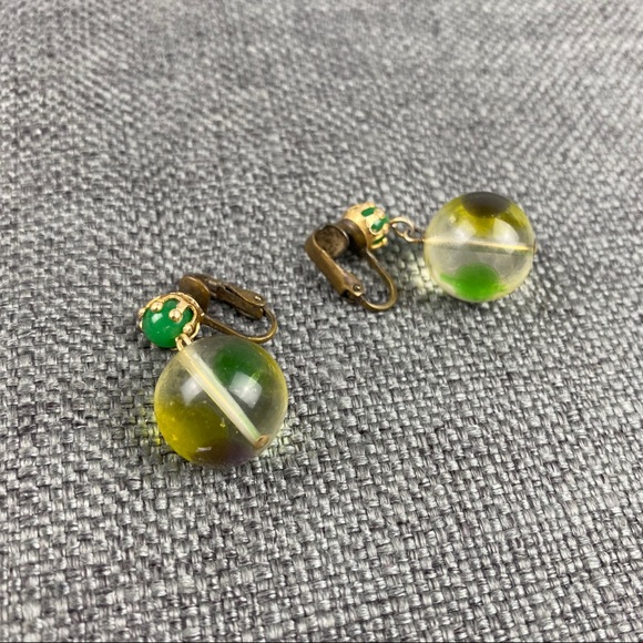 Vintage Green & Purple Bauble Clip On Earrings - Picture 5 of 6